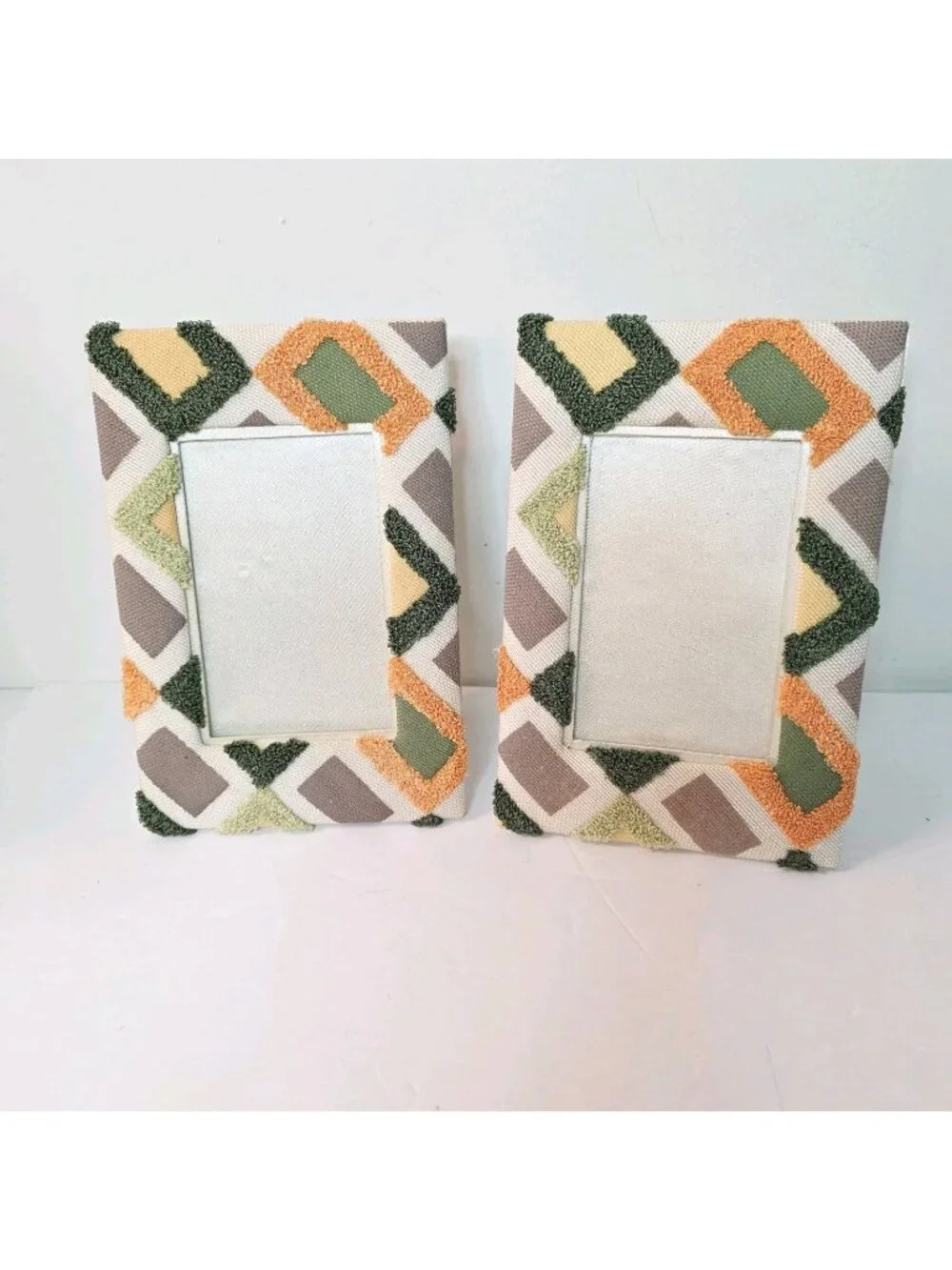 2 Fabric Textured Geometric Design Freestanding Photo Picture Fame Green Brown